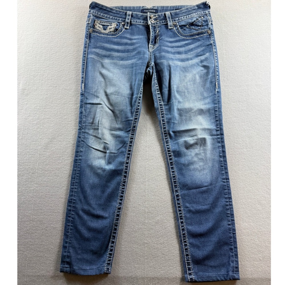 Vigoss Chelsea Skinny Jeans Women 11/12 Embroidered Low Rise Denim 34x28 Hemmed